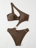 Sexy One Shoulder Swimwear Women Coffee Metal Buckle Hollow Out Backless Thong Bikini Summer Bathing Suit One Piece Swimsuit