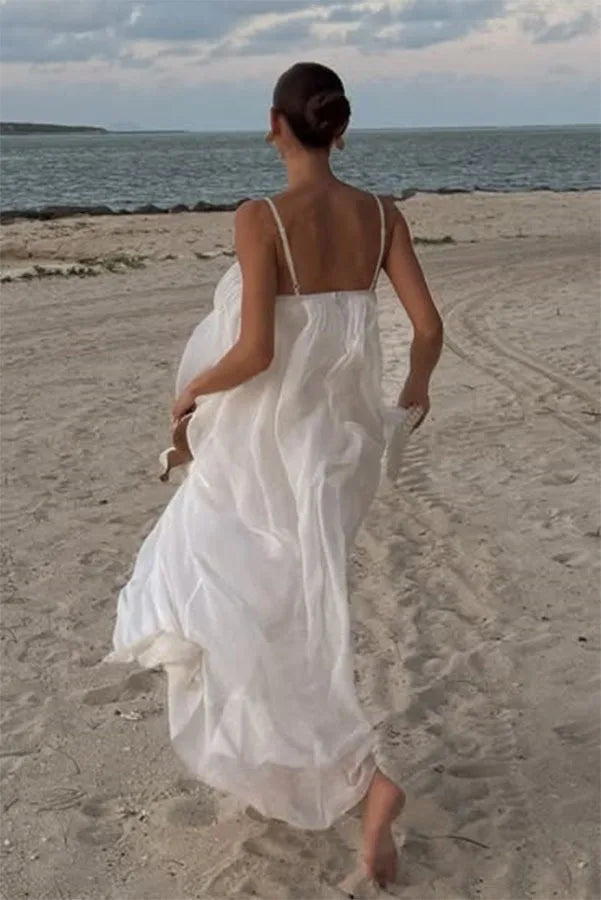 Women's White Spaghetti Strap Long Dress Fashion Solid Color Vacation Style Irregular Neck Backless Dresses Sexy Beach Vestidos