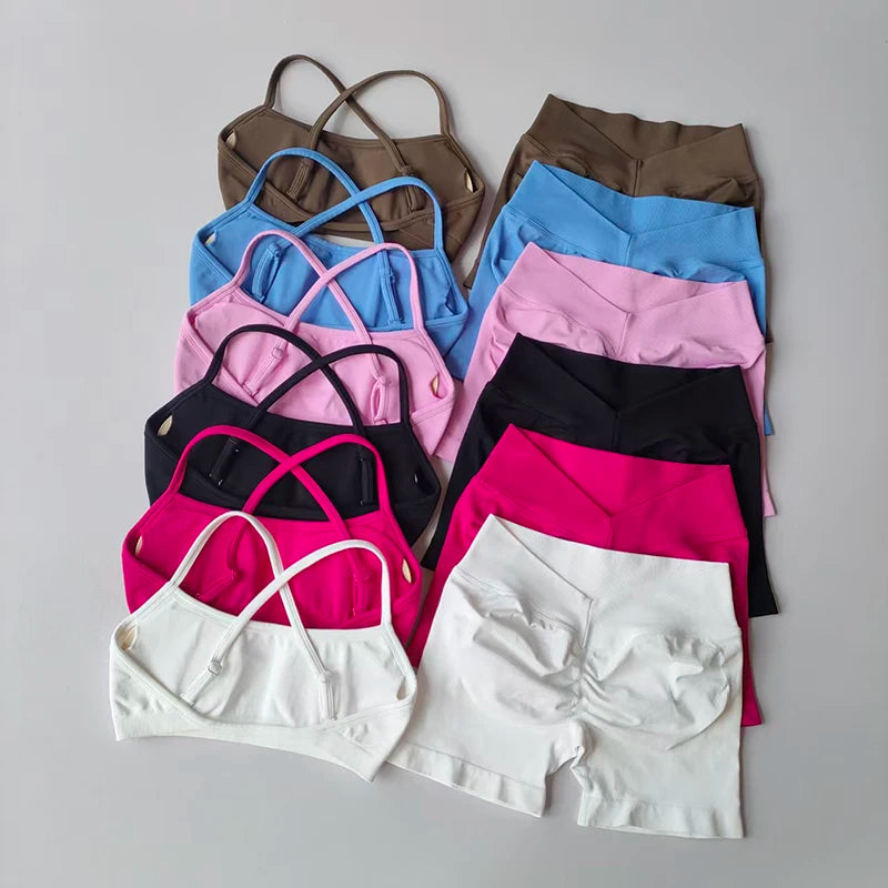 Seamless 2PCS Leggings Set Women Seamless Yoga Set High Waist Scrunch Butt Shorts With Halter Sports Bras Workout Gym Suit Set