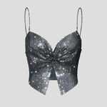 Toucheart Sexy Bow Knot Rhinestones Perspective Suspender Bra For Women Sexy Hottie Fishing Slit Lining Sleeveless Backless Bra