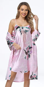 Women's Floral Satin Kimono Robe and Nightgown Set with Camisole 2 Piece Sleepwear Peacock Bathrobe