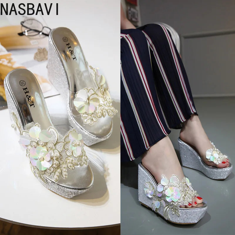 New Summer Flower Decoration Platform Wedges Sandals Women Fashion Silver High Heels Female Summer Gold Shoes Size 34-40