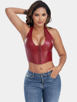 Pure Color Fishbone Shapewear Top Women's PU Leather Neck Buttoned Vest Market Style Underwear And Clothing