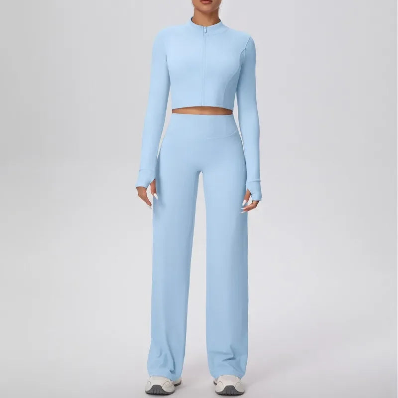2 Pcs Women's Seamless Yoga Set Long-sleeved Wide-leg Pants Tracksuit Fitness Sports Set High-waisted Hip-lifting Slim-fit Suit