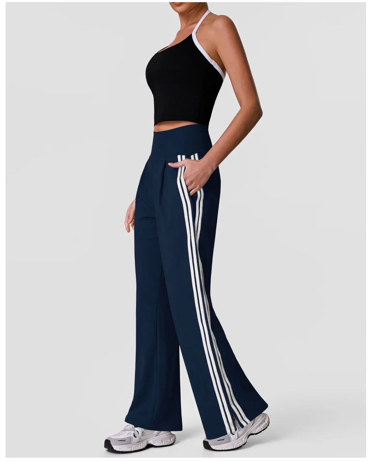 New Contrasting Striped Yoga Sets Women Hanging Neck Slim Sports Vest Gym Outfits High Waist Pocket Pants Running Fitness Suits