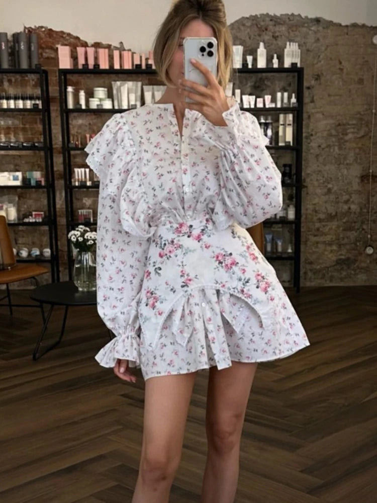 FDYOUI Women's O-neck Single Breasted Ruffles Floral Dress with Corset Ladies Chic Long Sleeve Tunics Shirts Dresses High Street
