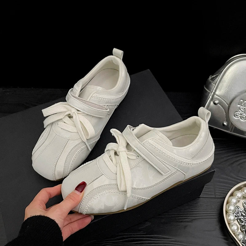 Women Ballet Style Flat Sneakers Dual Strap Decor Lace‑Up Soft Sole Lightweight Breathable Daily Casual Walking Fashion Shoes