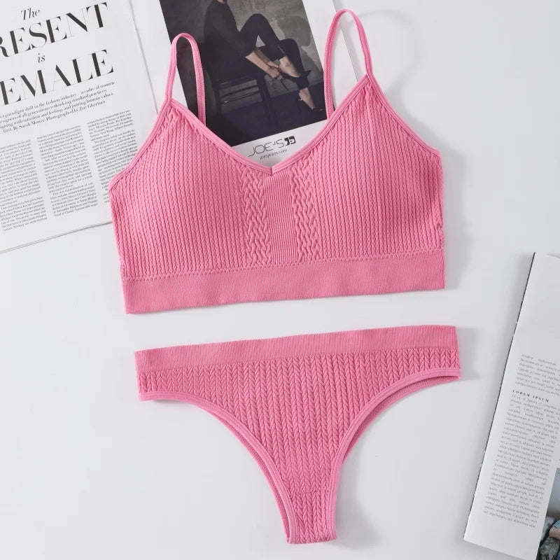Women Seamless Bra Panties Set Push-Up Non-wire Bralette Low-Rise Briefs Sexy Lingerie Female Comfort Rib Sports Underwear Set