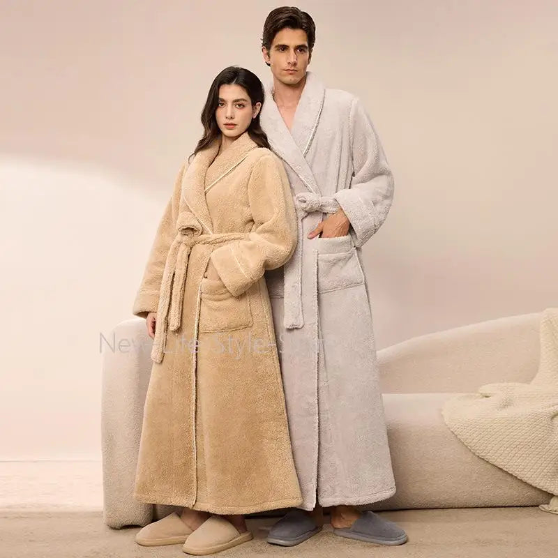 Autumn Winter Flannel Plus Size Robe Pajamas Thick Cozy Fleece Couple Bathrobe, Men Women Long Warm Loungewear,