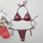 Women Metallic Glitter Pink Gold Micro Mini String Bikini Sets 4 Pieces with Mesh Cover Tops and Mini Skirt Swimsuit Biquini