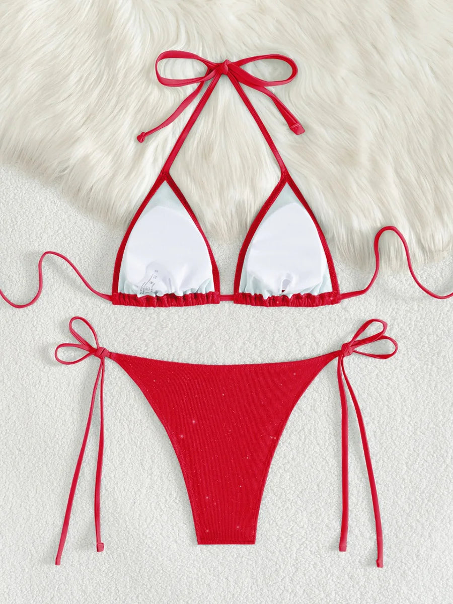 Shiny Sparkling Halter Strappy Bikini 2025 High Cut Bikinis Female Swimsuit Women Swimwear Two-pieces Bikini Set Bathing Suit