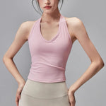 Women's Summer V-Neck Yoga Sports Vest Hanging Back Neck Design Outdoor Running Training Gathered Fit Active Wear Top