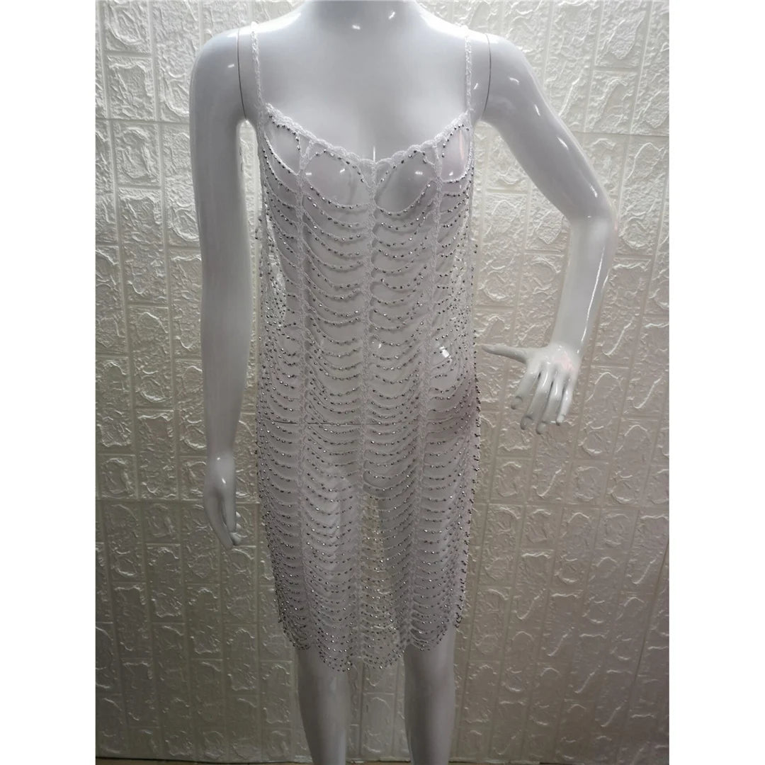 Luxury Bling Diamond Rhinestones Hollow Out Tunic Beach Cover Up Cover-ups Beach Dress Beach Wear Beachwear Female Women V4747SW