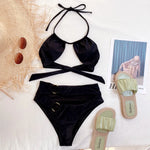 Bikini 2026 Sexy Swimwear Swimsuit Women Black Hollow High Waist Halter Bikinis Set Bathing Suit Beach Bikini Metal Ring Decor