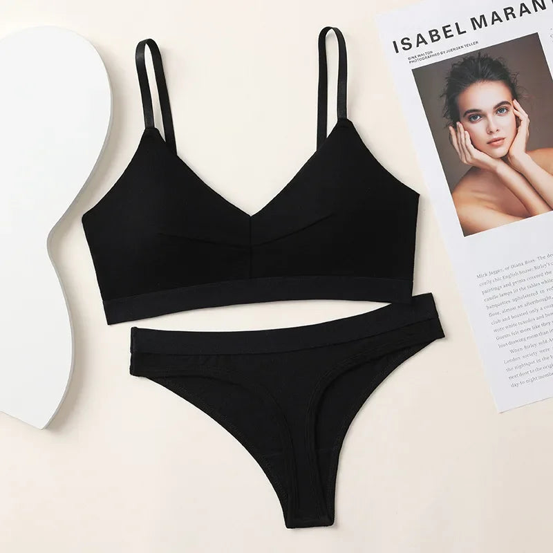 Comfort Cotton Bra Panties Set Women Push-Up Bra Low Waist Thongs Sports Underwear Sexy Lingerie Set Female T-Back Intimates