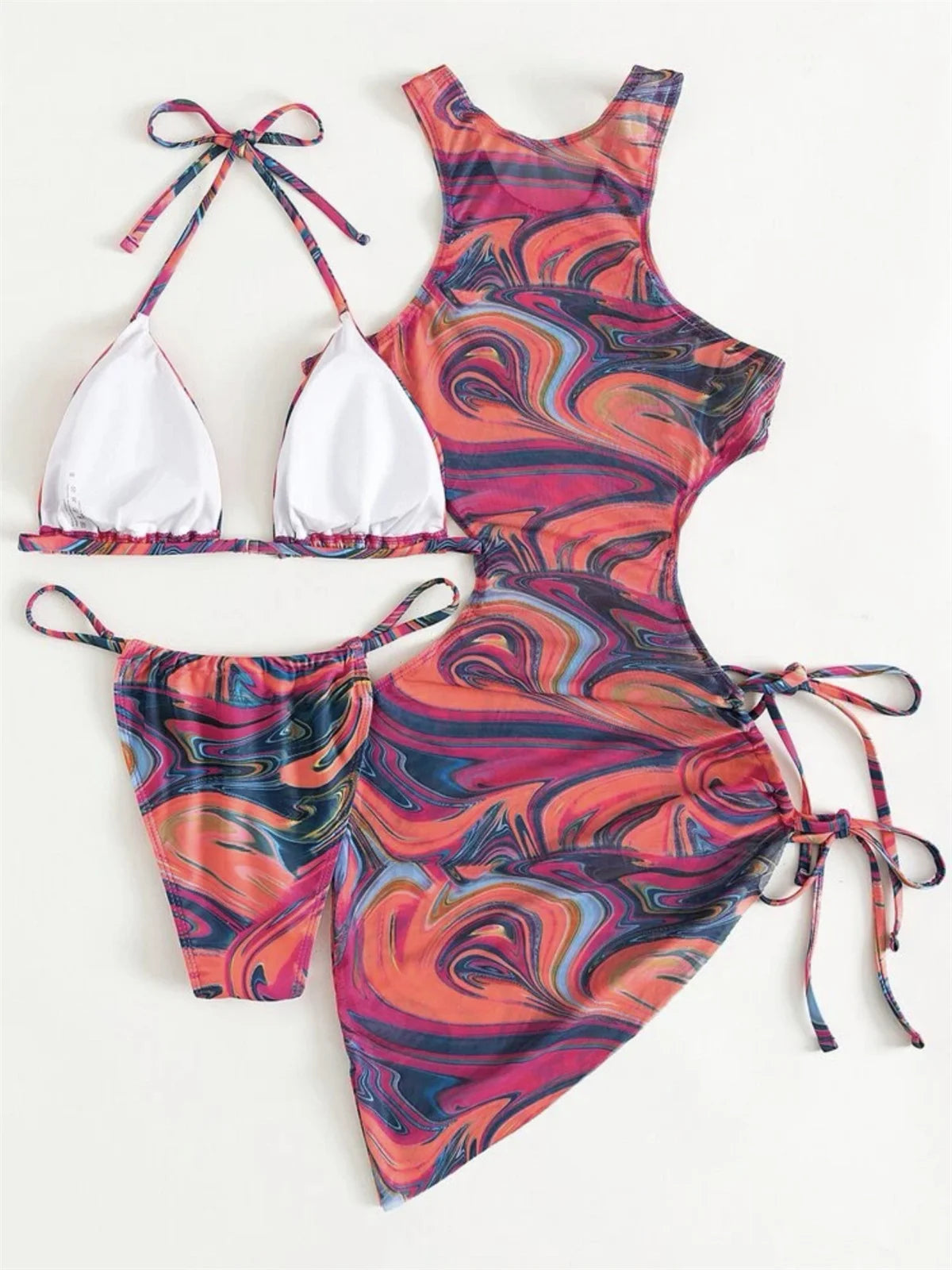Dress Bikini 2025 Women Sexy High Neck Cut Out Mesh Cover Up Pleate Swimsuit Orange Gradient Bathing Suit Beach 3 Piece Swimwear