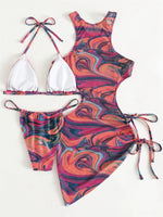 Dress Bikini 2025 Women Sexy High Neck Cut Out Mesh Cover Up Pleate Swimsuit Orange Gradient Bathing Suit Beach 3 Piece Swimwear
