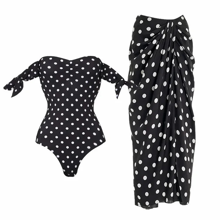 Black Dot Print One Piece Swimsuit Pleate Long Skirt Set 2026 Women Vintage Bandeau Ruffle Push Up Bathing Suit Holiday Swimwear
