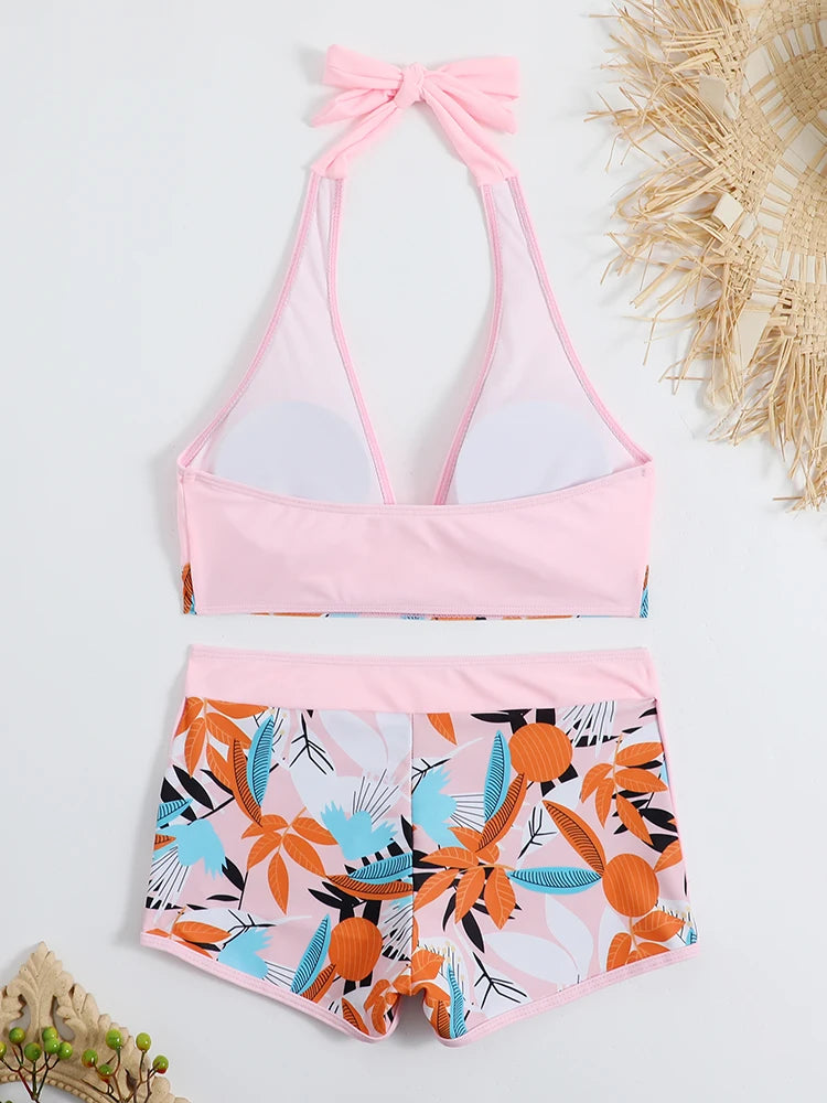 2026 Halter Bikini Set Short Swimsuit Women High Waist Swimwear Female Printed Bathers Swimming Bathing Swim Suit Beachwear