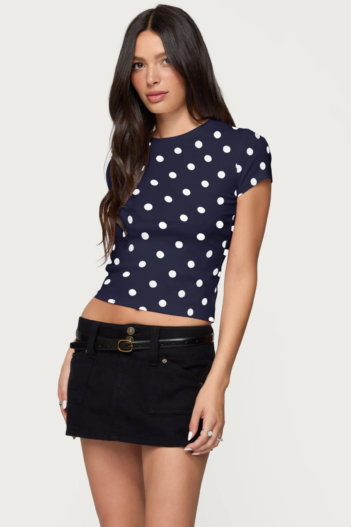 Women's summer fashion retro polka dot short-sleeved printed slim round neck top