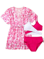 Girls 3pack Heart Print Cross Wrap High Waist Bikini Kids Swimsuit&Kimono 7-12 Years Children's Swimwear 2024 Teens Bathing Suit