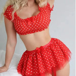 Women's EroticShort Skirt with Garter Straps Sexy Lingerie Women Sexy Polka Dot Off Shoulder Puffy Skirt PolkaExotic Set