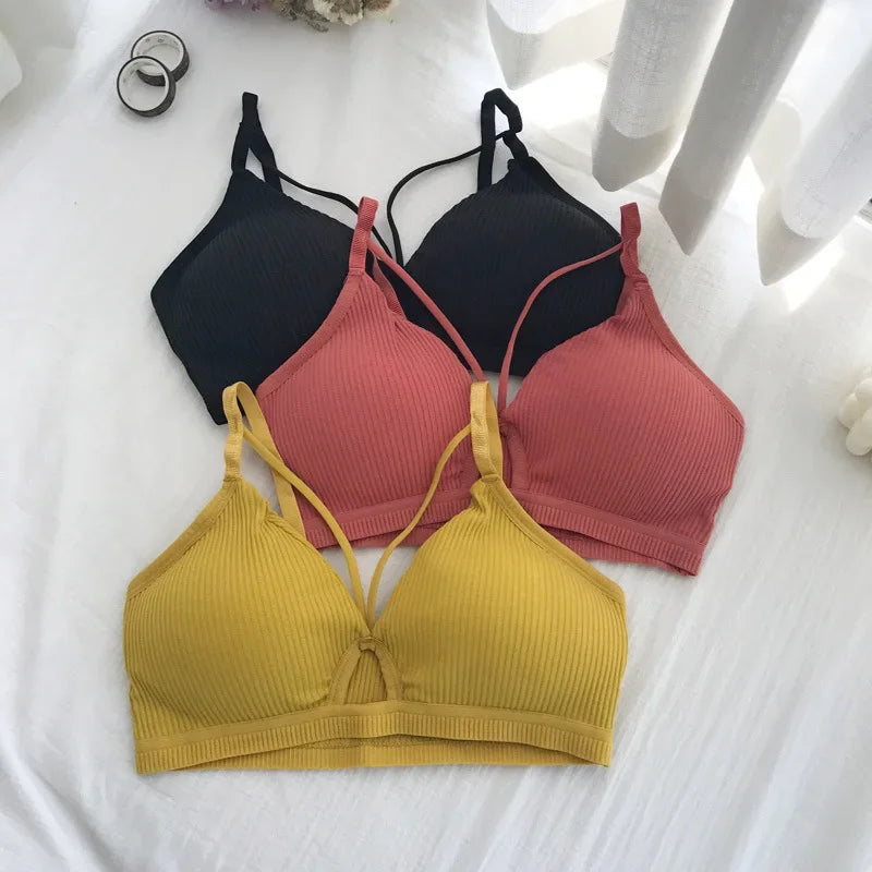 Women Ribbed Knit Bra Front Cutout V Neck Wireless Bralette Fixed Thin Spaghetti Straps Underwear Skin-Friendly Cotton Inner Top