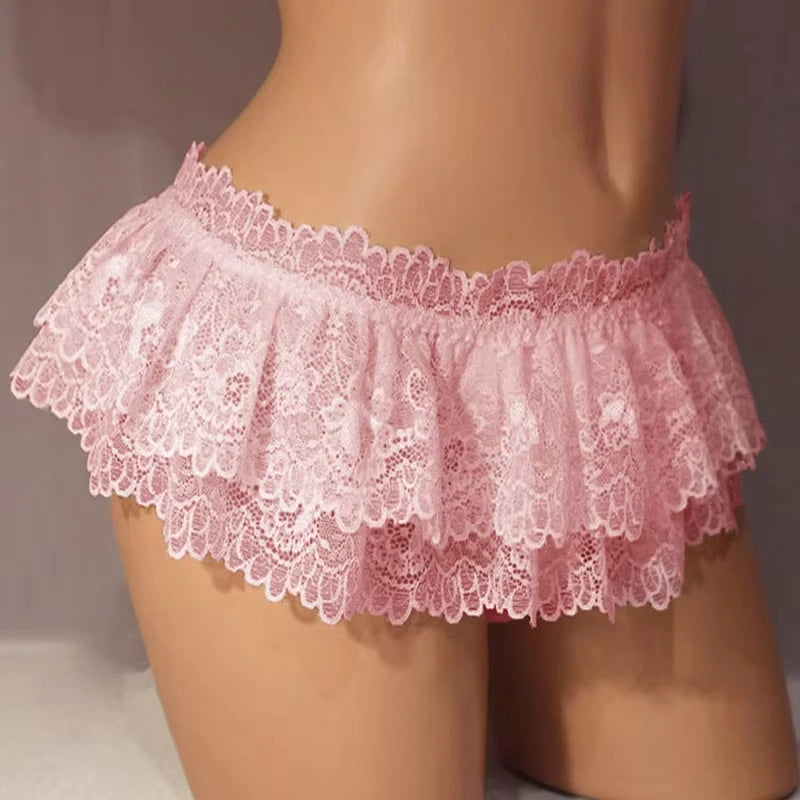 Women Sexy Lace Panties Ruffle Trim Lingerie Briefs Soft Comfortable Briefs Lolita Pink White Black