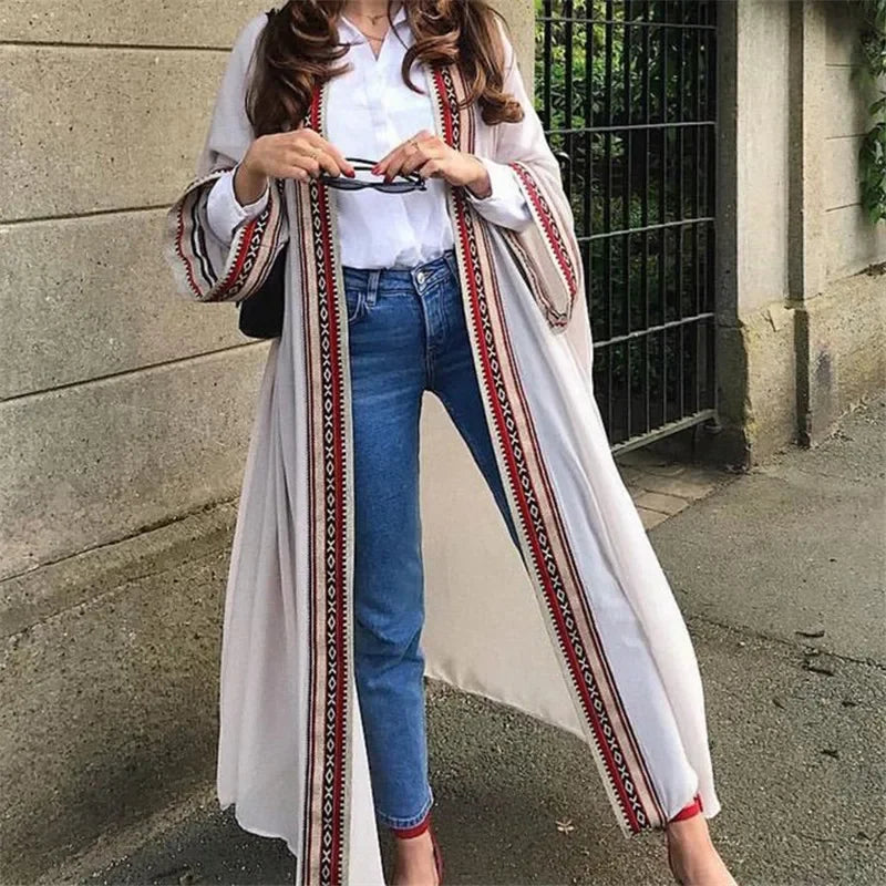 White Chiffon Long Maxi Kimono Cardigan Women Beach Cover Up Embroidery Edge with Belt Tunica Kaftans Femininos Beachwear 2026