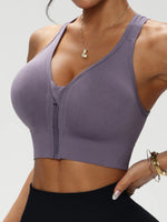Women's Zip Front Solid Color Sports Bra, Crisscross Back Wireless Bra, Removable Padded Comfort Everyday Workout Bra