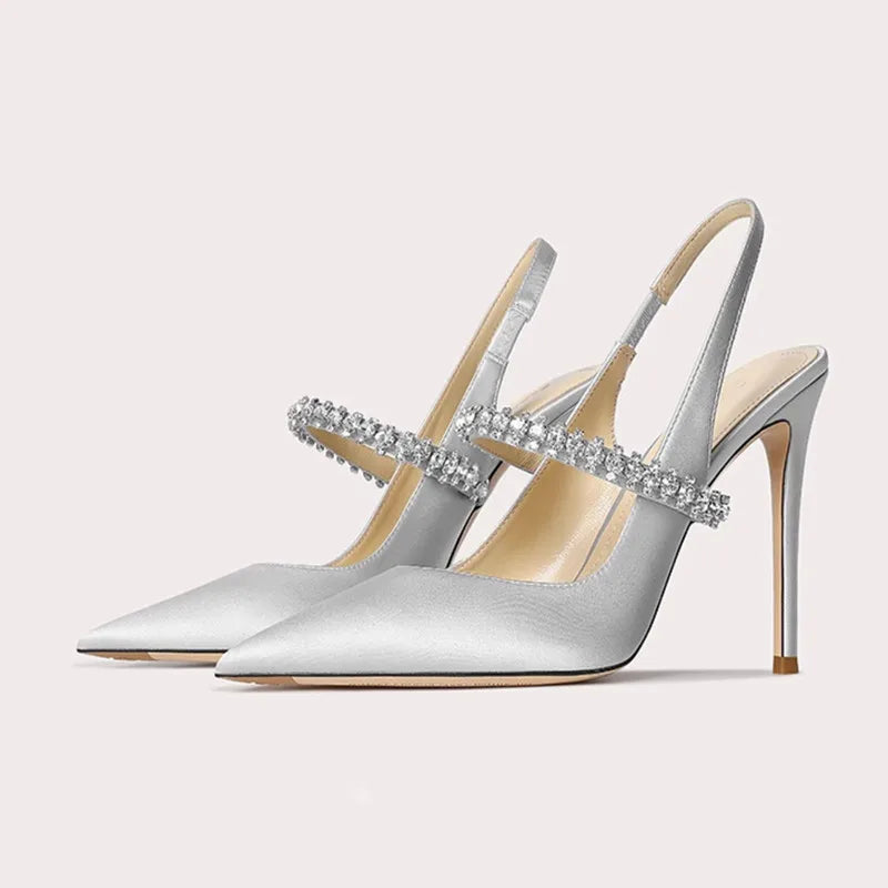 Size 34 45 Women's Diamond Bao Head Sandals 2025 New Thin Heel Pointed Sheepskin Leather High Heels Women's Wedding Shoes