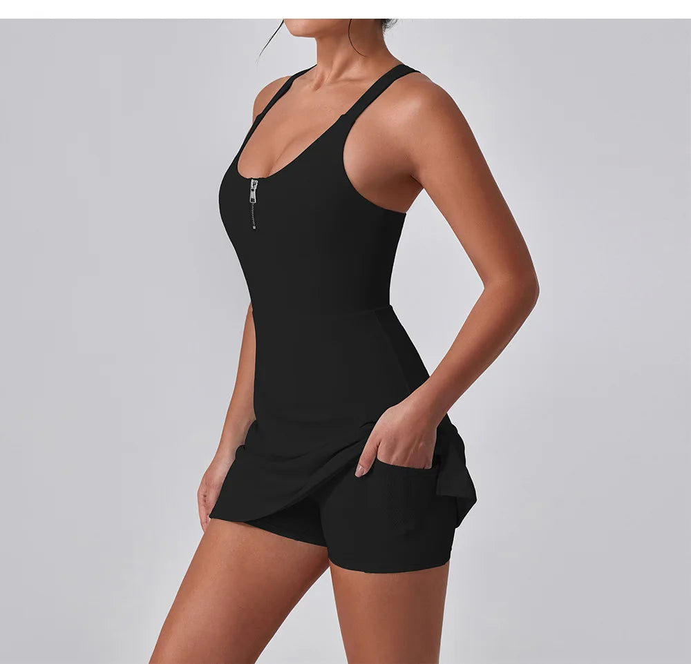 Front Zipper Tennis Dresses Women Summer Sleeveless Sports Athletic Dress Outdoor Cross Backless Pocket Short Workout Skirts