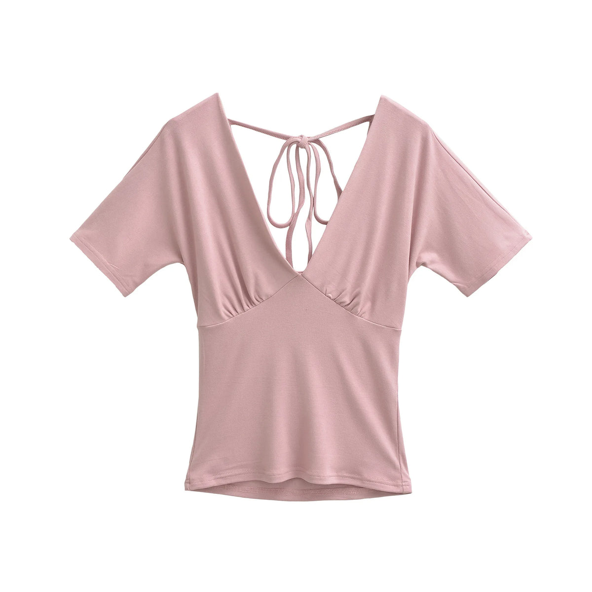 Spring Korean Slim Fit Deep V Neck Tie-Up Clean Face Crop Top Short Sleeve Pullover T-Shirt Base Shirt Solid Color Fashion RM7O