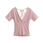Spring Korean Slim Fit Deep V Neck Tie-Up Clean Face Crop Top Short Sleeve Pullover T-Shirt Base Shirt Solid Color Fashion RM7O