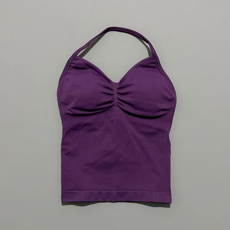 HISTELLO GYM Longline Strappy Top Women Seamless Yoga Clothing With Removable Pads V Neck Open Back Bra Workout Sports Halter