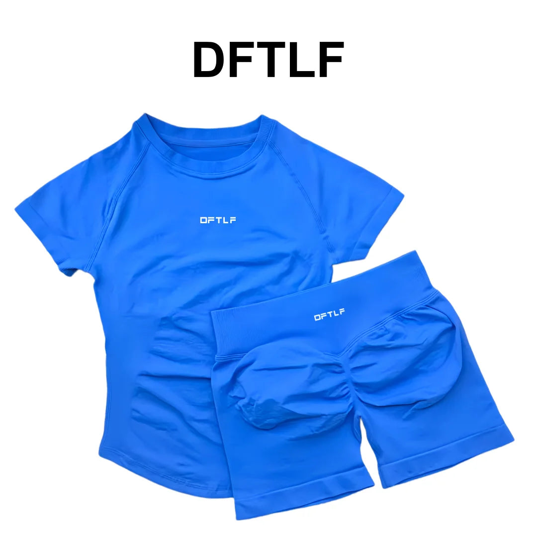 DFTLFWomen 2PCS Seamless Yoga Suit Short Sleeve Top High Waist Shorts Quick Dry Breathable Gym Fitness Running Workout Sport