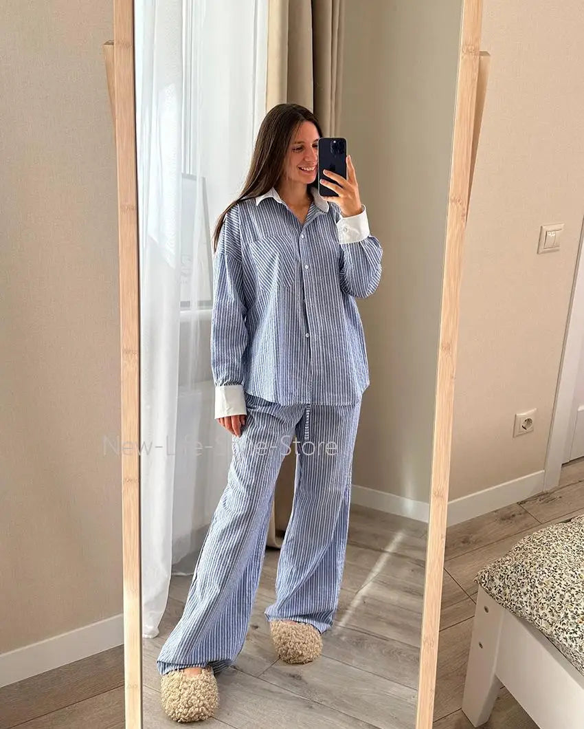 Women Autumn Winter Color Block Striped Pajama Set Skin Friendly Loose Long Sleeve Pants Two Piece Ladies Homewear Sleepwear