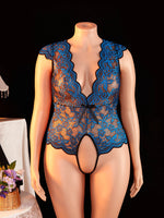 For Curvy Women Deep Vneck Translucent Lace Floral Teddy Bodysuit With Bow Tie Front Open Back Delicate Erotic Sexy Lingerie