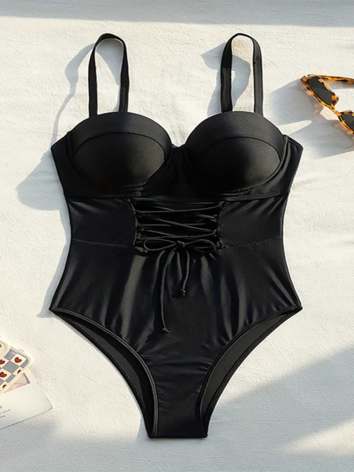 Solid Color Black One Piece Swimsuit for Women Sexy High Waist Bandage Hollow Out Monokini Bikini Underwire Push Up Swimwear