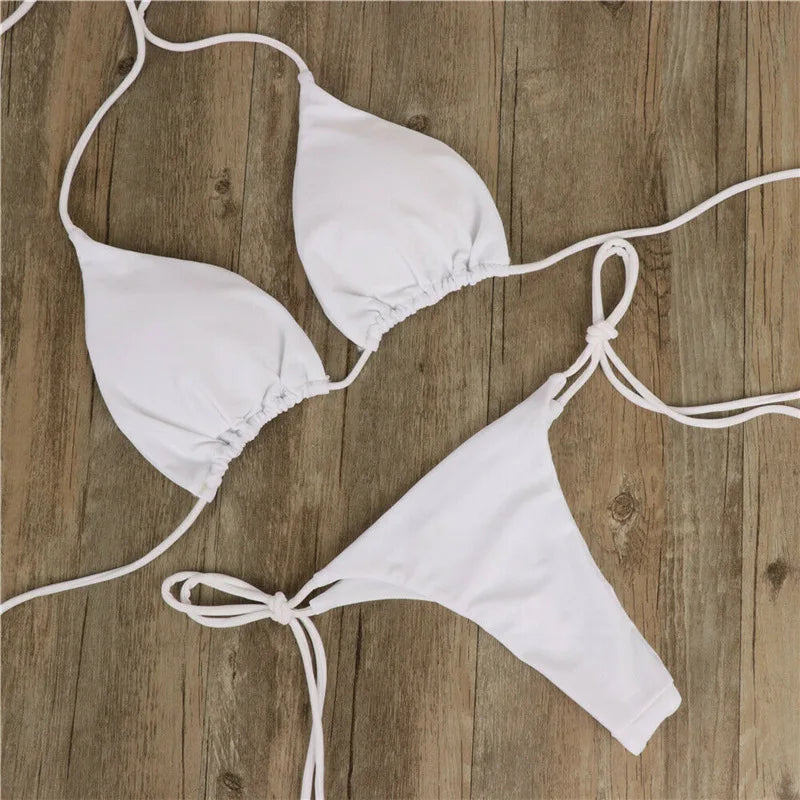 2025 Sexy Halter Solid Color Bikini Set Women's Swimsuit Two-Piece Triangle Thong Swimwear Bathing Suit for Beach Biquinis