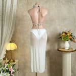 Sexy Black Mesh Long Skirt 3 Piece Bikini Set Women White Metal Ring Linked Push Up Bra Swimsuit Holiday Bathing Suits Swimwear