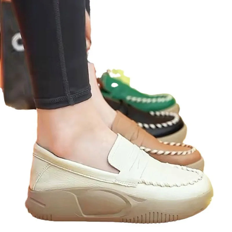 Platform Casual Slip-on Loafers for WomenSpring New Soft-soled Women's Shoes Comfortable Work Shoes Sewn Leather Shoes