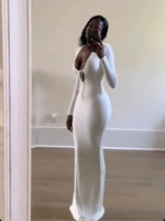 Trendy Solid Color Slim Long Dresses Women Sexy Deep V-neck Hollow Out Leace-up Package Hip Bodycon Party Dress Female Vestidos