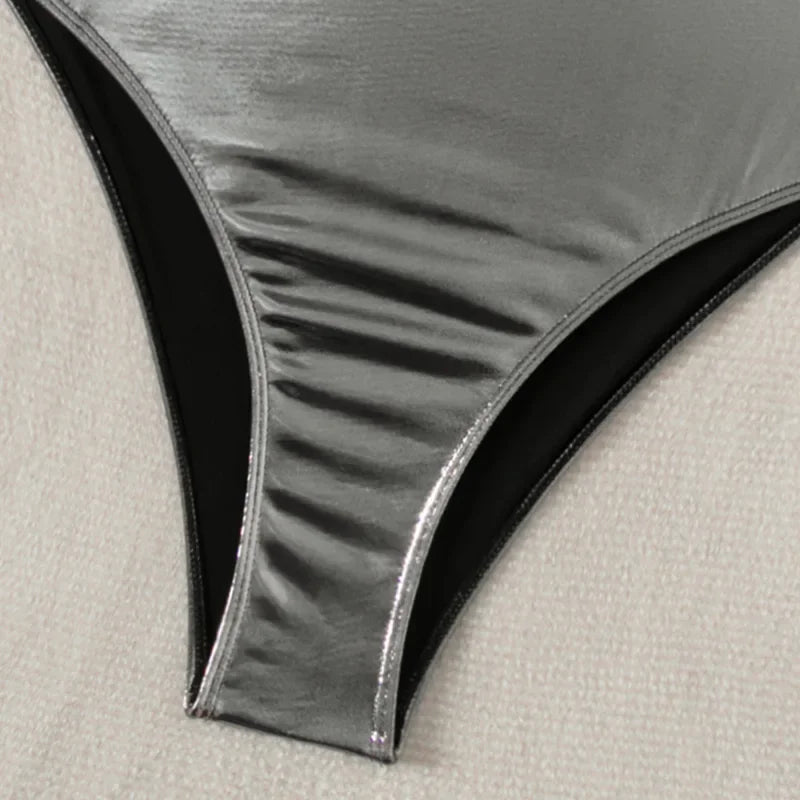 2026 New Silver Shiny Leather One Piece Swimsuit Women,U-neck Suspender Bikini,cross Strape Backless Monokini Summer Beachwear