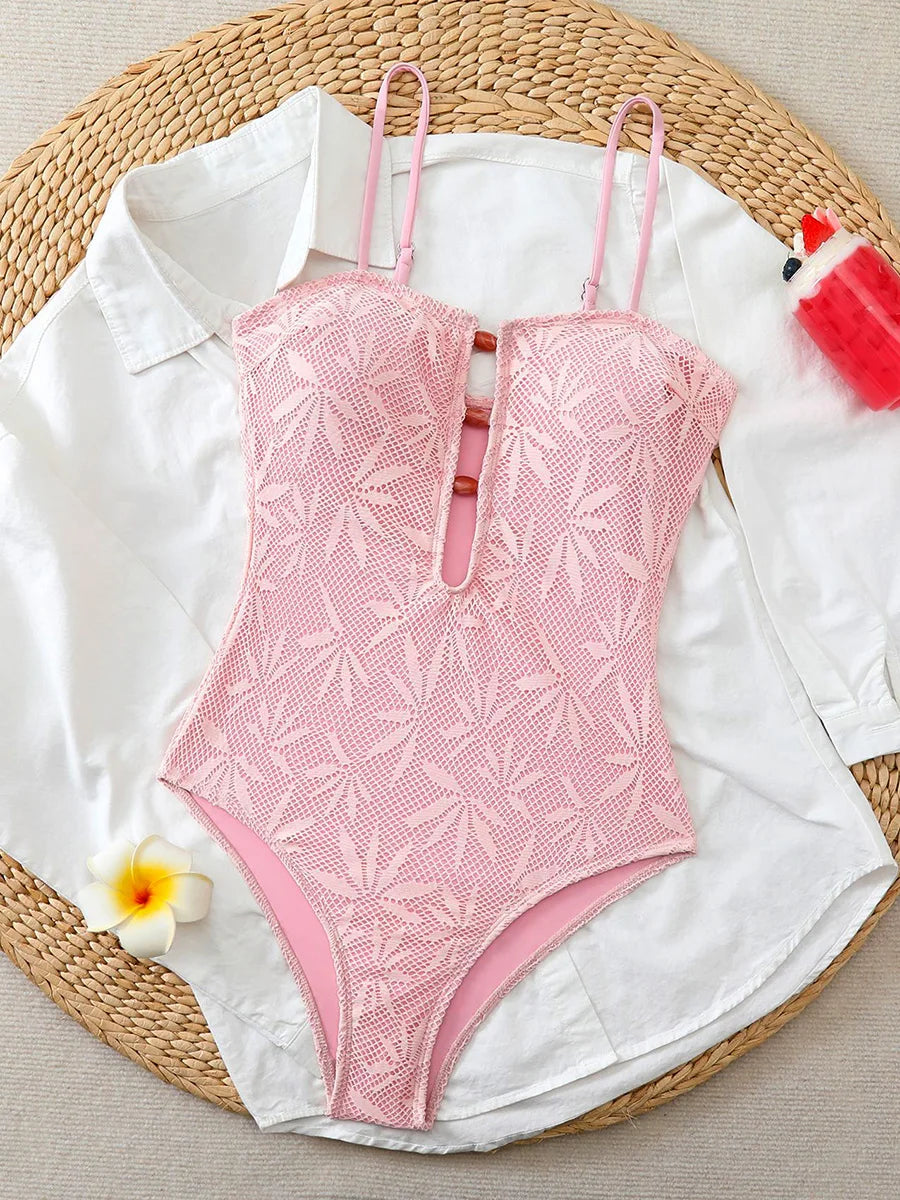 Leaves Printed Mesh Hollow Out Women Swimwear One Piece Swimsuit Female Monokini High Leg Cut Bather Slim Bathing Suit Swim Lady