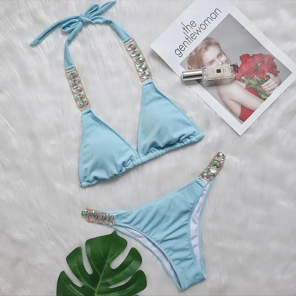 9 Colors Sexy Bikini Women Luxe Crystal Diamond Metal Chain Pit Striped Swimwear Swimsuit Bikinis Set Bathing Suit Beach Bikini