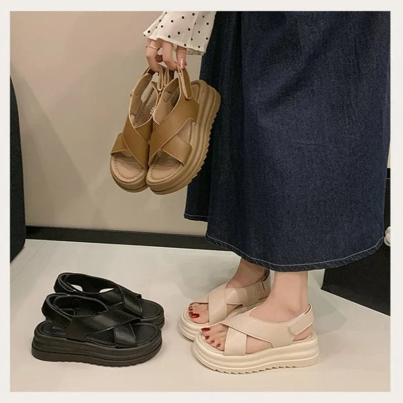 Women's Summer 2026 Thick Heel Fashionable Outdoor Wear Platform Beach Roman Shoes Open Toe Roman Style