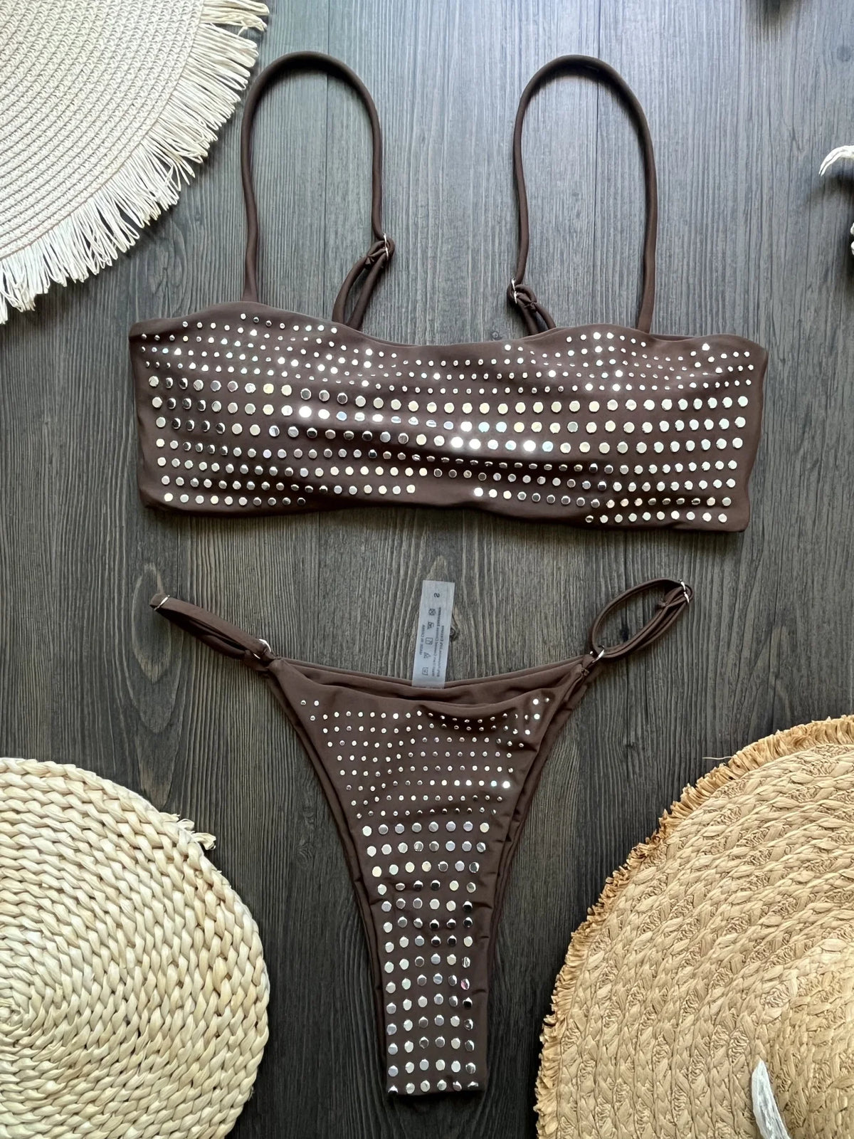 Black rhinestone process bikini sexy thong split swimsuit 2-piece beach set