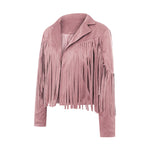 Women Spring Autumn Slim Long Sleeve Open Front Coat Solid Color Collared Jacket with Tassels Black/ Coffee/ Pink