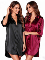 Women Sleepwear 2 Sets Nightshirt Simple Satin Shirt Dress Collared 3/4 Sleeve Button Down Loose Sexy Ladies Night Loungewear